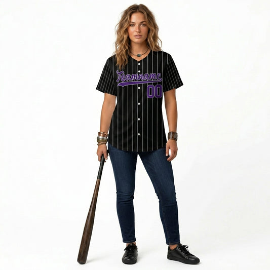 Custom Baseball Jersey - Personalized Black Shirt with Purple Pinstripes - Full Sublimation