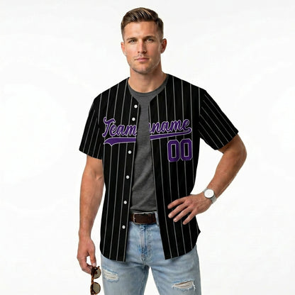 Custom Baseball Jersey - Personalized Black Shirt with Purple Pinstripes - Full Sublimation