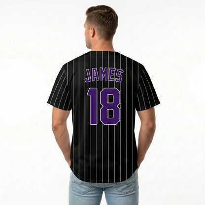 Custom Baseball Jersey - Personalized Black Shirt with Purple Pinstripes - Full Sublimation