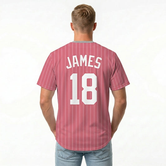 Custom Baseball Jersey - Personalized Rose Red Shirt with White Pinstripes - Full Sublimation