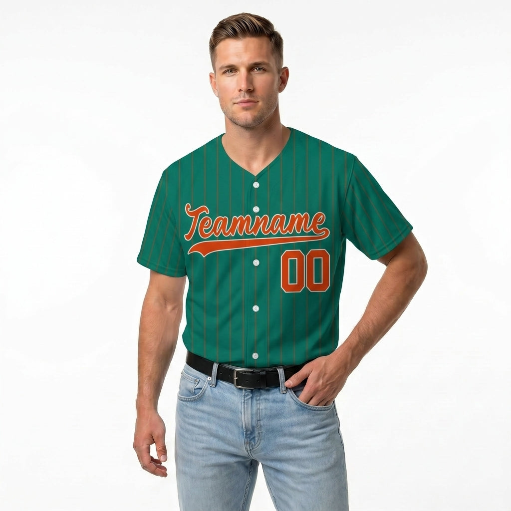 Custom Baseball Jersey - Personalized Green Shirt with Pinstripes & Orange Details