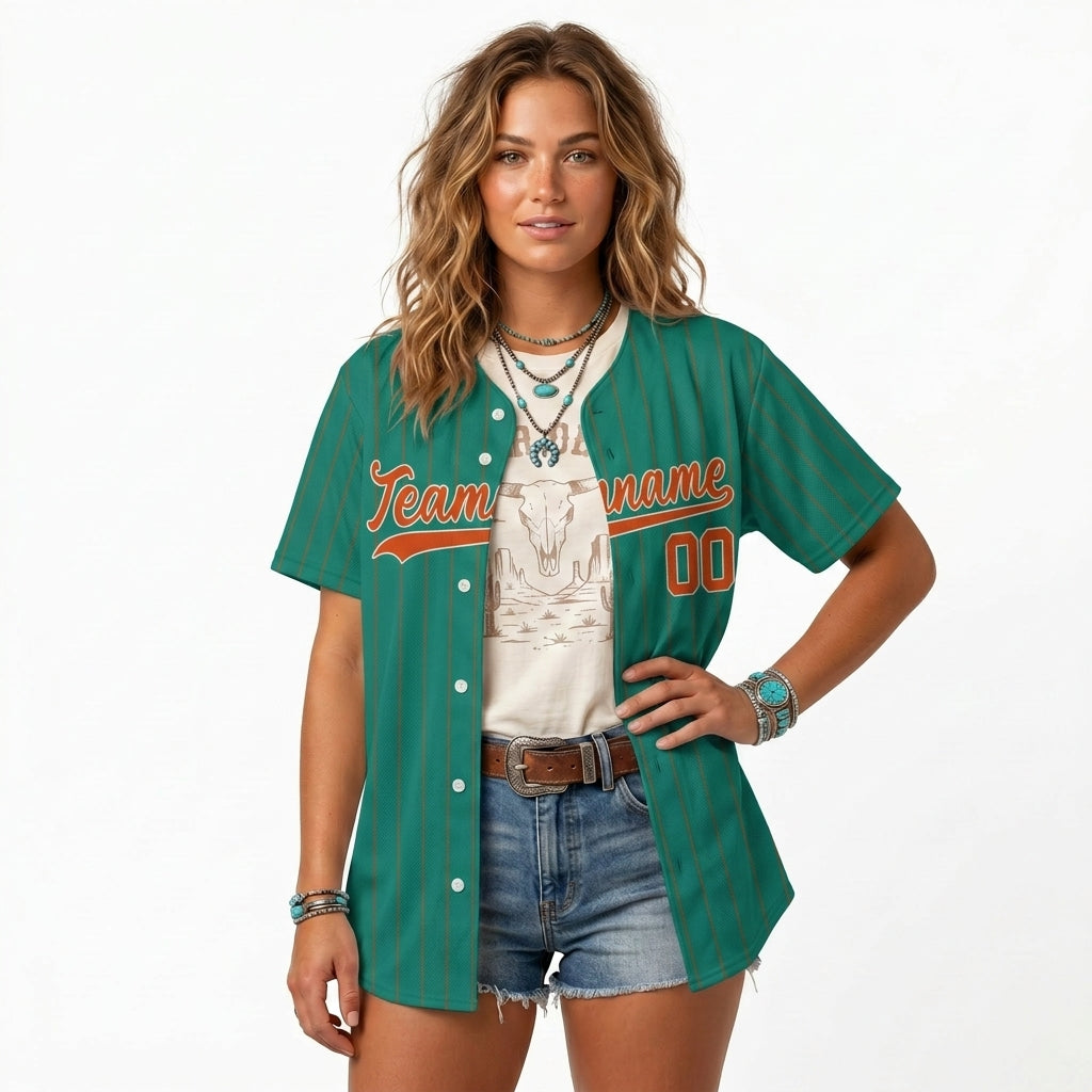 Custom Baseball Jersey - Personalized Green Shirt with Pinstripes & Orange Details