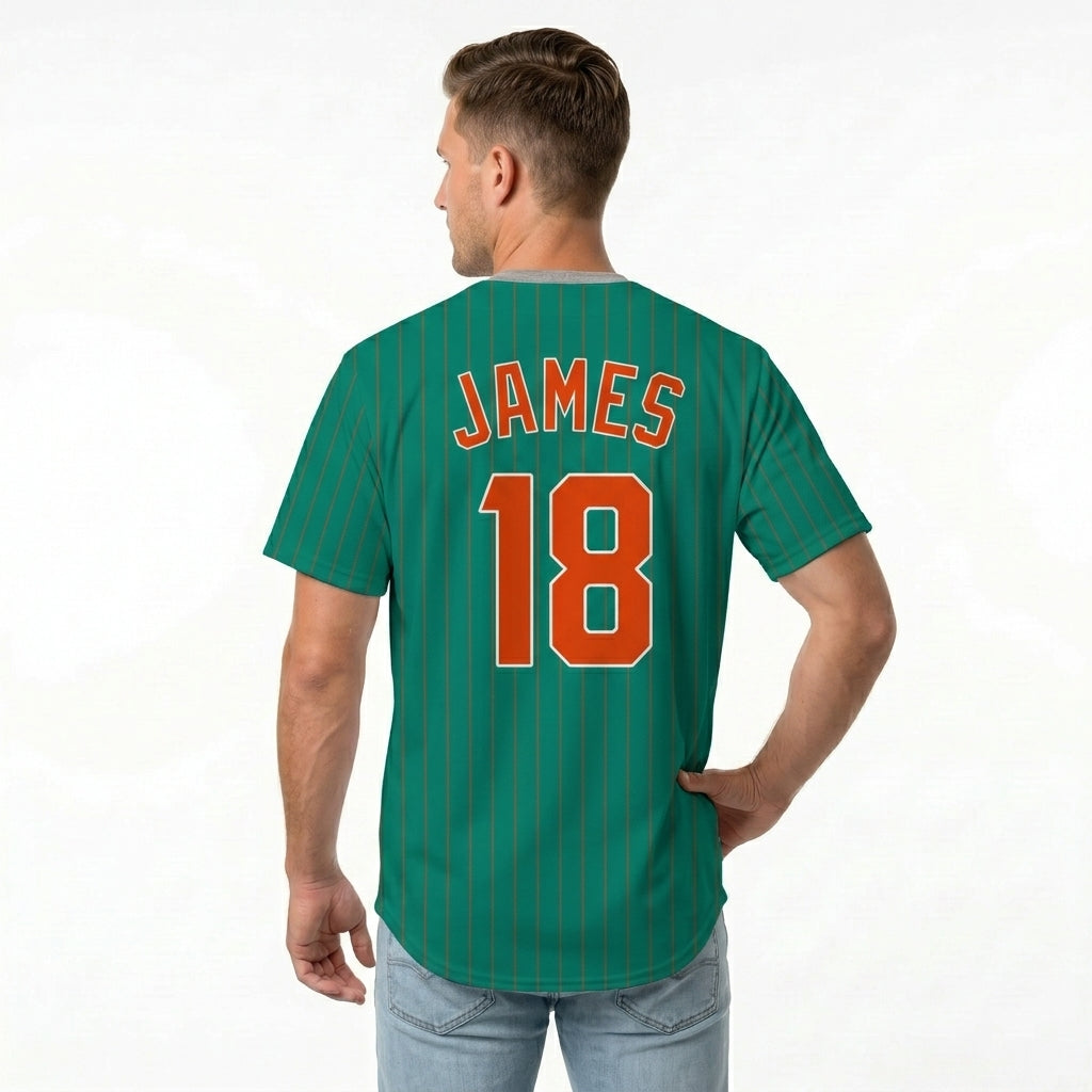 Custom Baseball Jersey - Personalized Green Shirt with Pinstripes & Orange Details