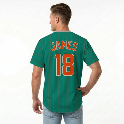 Custom Baseball Jersey - Personalized Green Shirt with Pinstripes & Orange Details