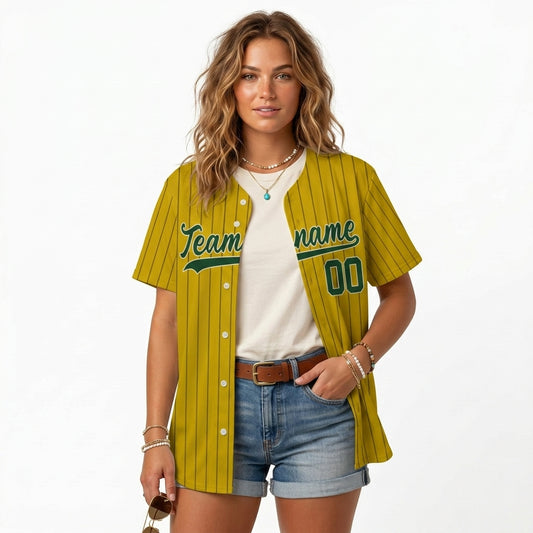 Custom Baseball Jersey - Personalized Gold Shirt with Pinstripes & Green Graphics
