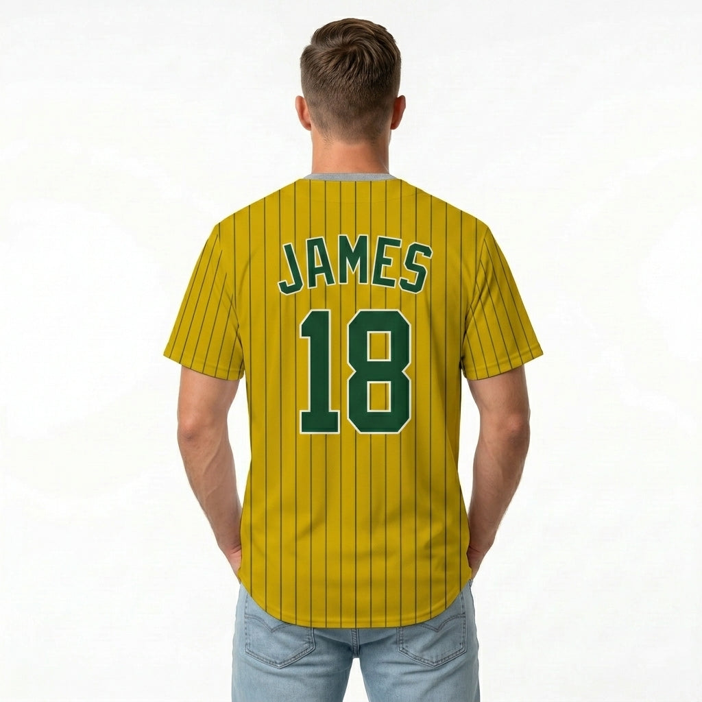 Custom Baseball Jersey - Personalized Gold Shirt with Pinstripes & Green Graphics