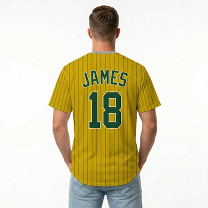 Custom Baseball Jersey - Personalized Gold Shirt with Pinstripes & Green Graphics