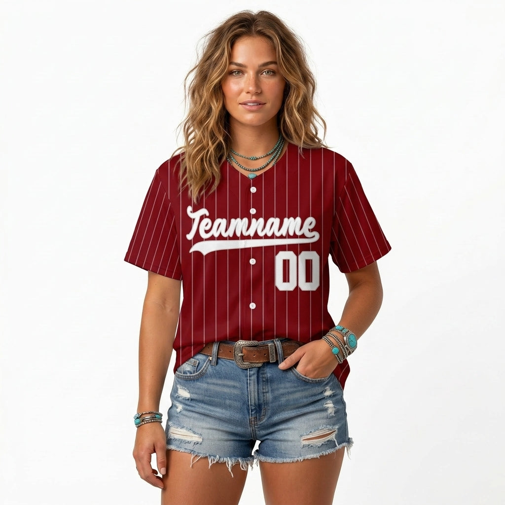 Custom Baseball Jersey - Personalized Deep Red Shirt with White Pinstripes - Full Sublimation