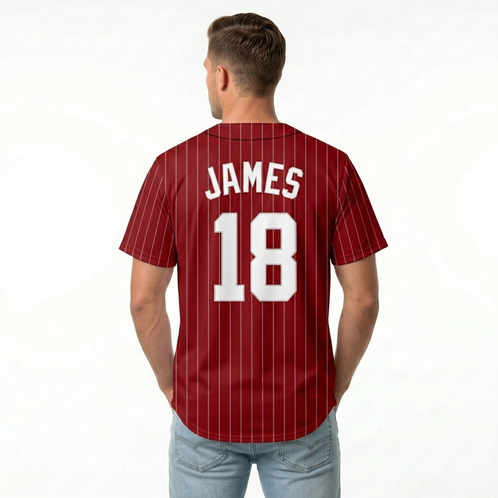 Custom Baseball Jersey - Personalized Deep Red Shirt with White Pinstripes - Full Sublimation