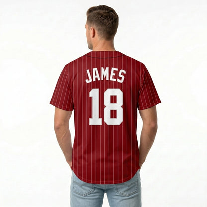 Custom Baseball Jersey - Personalized Deep Red Shirt with White Pinstripes - Full Sublimation