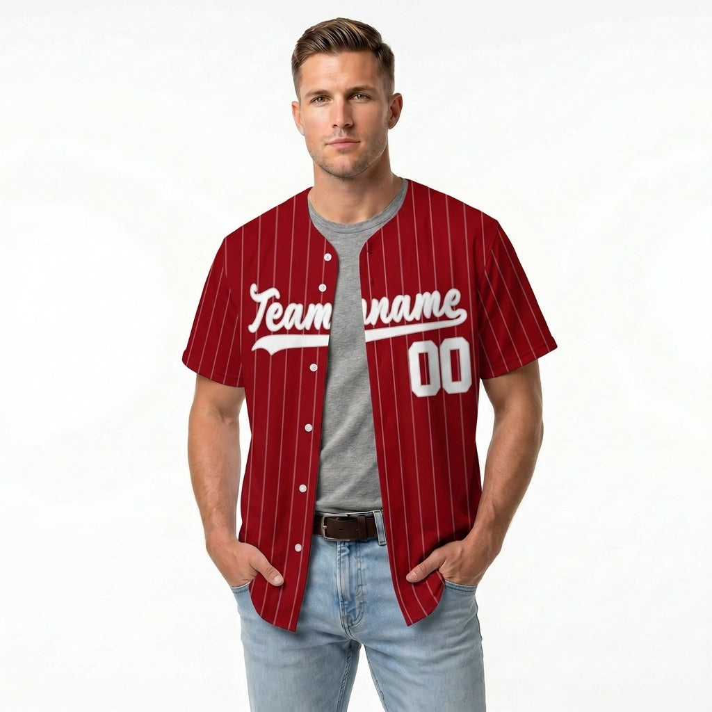 Custom Baseball Jersey - Personalized Deep Red Shirt with White Pinstripes - Full Sublimation