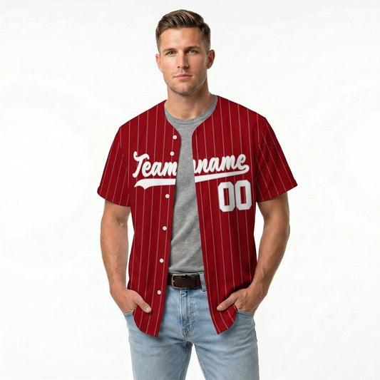 Custom Baseball Jersey - Personalized Deep Red Shirt with White Pinstripes - Full Sublimation