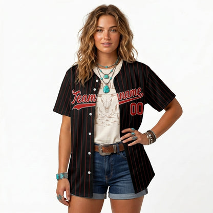 Custom Baseball Jersey - Personalized Black Shirt with Red Pinstripes - Full Sublimation