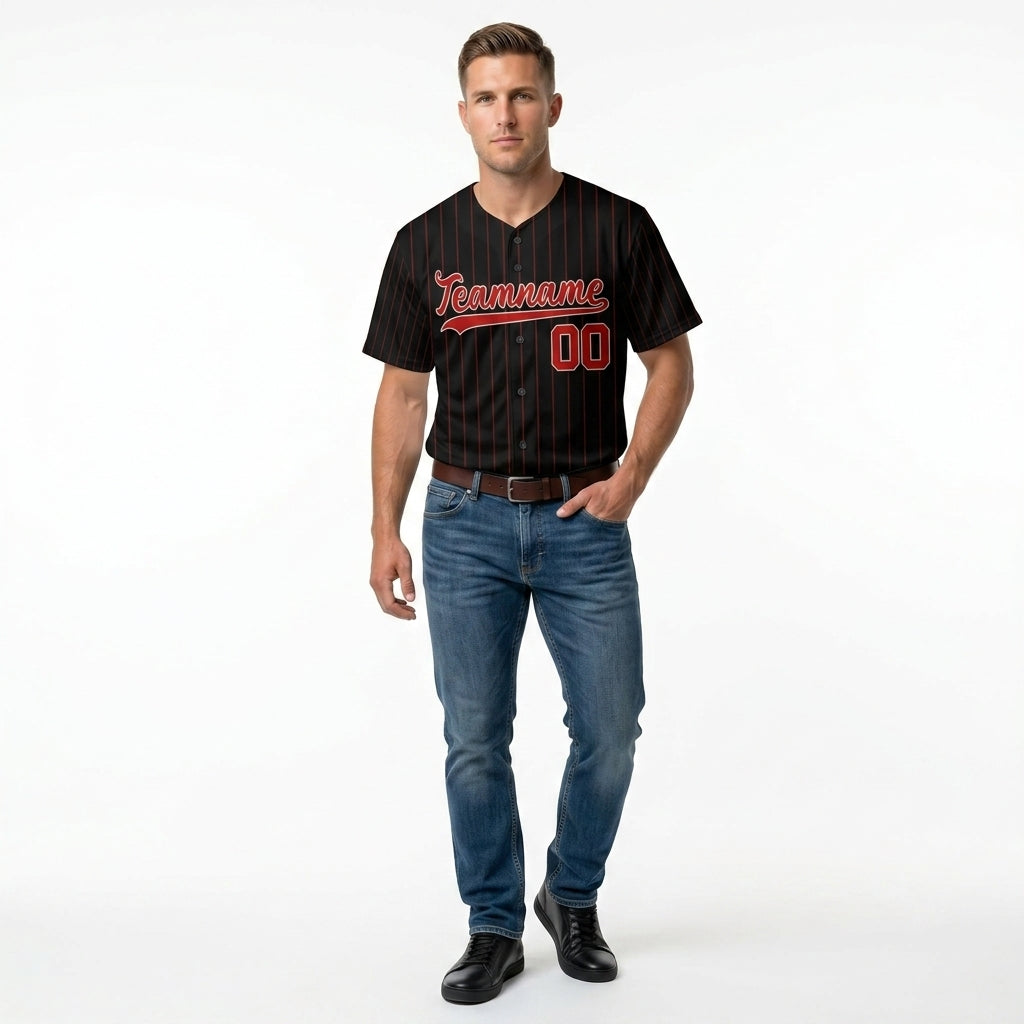 Custom Baseball Jersey - Personalized Black Shirt with Red Pinstripes - Full Sublimation