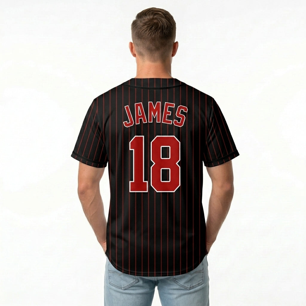Custom Baseball Jersey - Personalized Black Shirt with Red Pinstripes - Full Sublimation