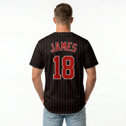 Custom Baseball Jersey - Personalized Black Shirt with Red Pinstripes - Full Sublimation
