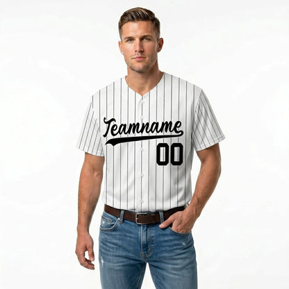 Custom Baseball Jersey - Personalized White Shirt with Black Pinstripes - Full Sublimation