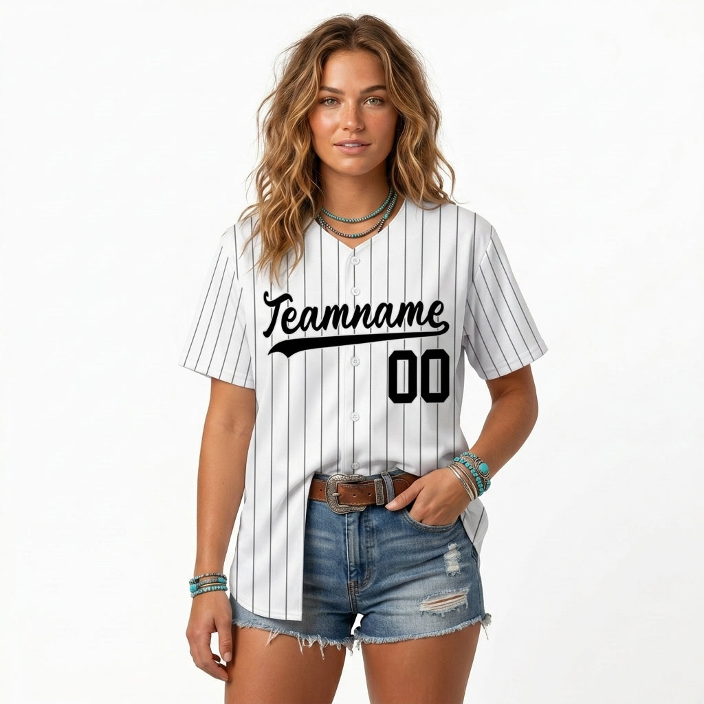 Custom Baseball Jersey - Personalized White Shirt with Black Pinstripes - Full Sublimation