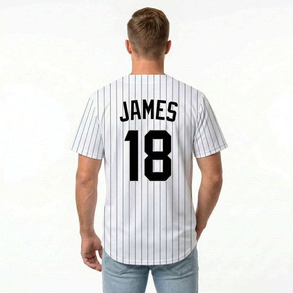 Custom Baseball Jersey - Personalized White Shirt with Black Pinstripes - Full Sublimation