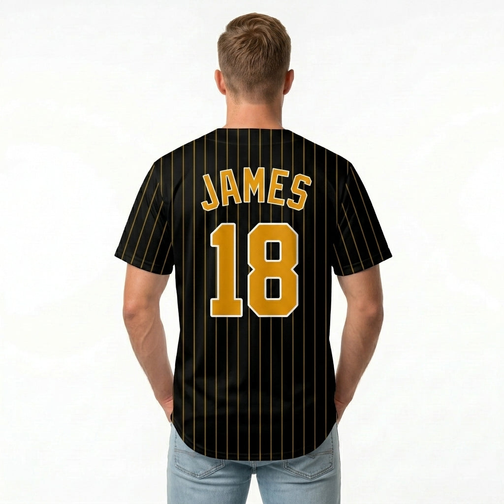Custom Baseball Jersey - Personalized Black Shirt with Gold Pinstripes - Full Sublimation