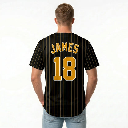 Custom Baseball Jersey - Personalized Black Shirt with Gold Pinstripes - Full Sublimation