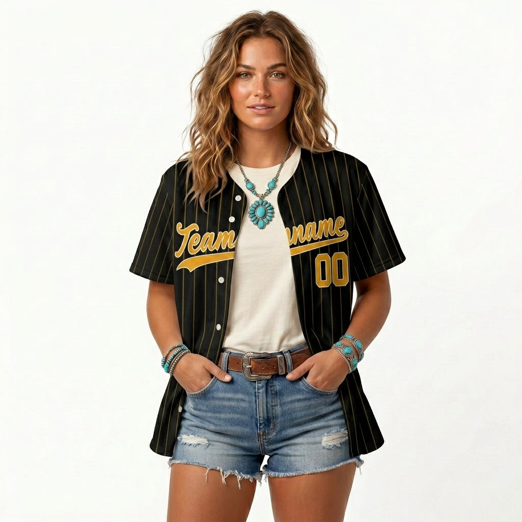 Custom Baseball Jersey - Personalized Black Shirt with Gold Pinstripes - Full Sublimation