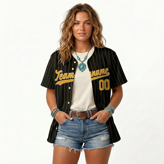 Custom Baseball Jersey - Personalized Black Shirt with Gold Pinstripes - Full Sublimation