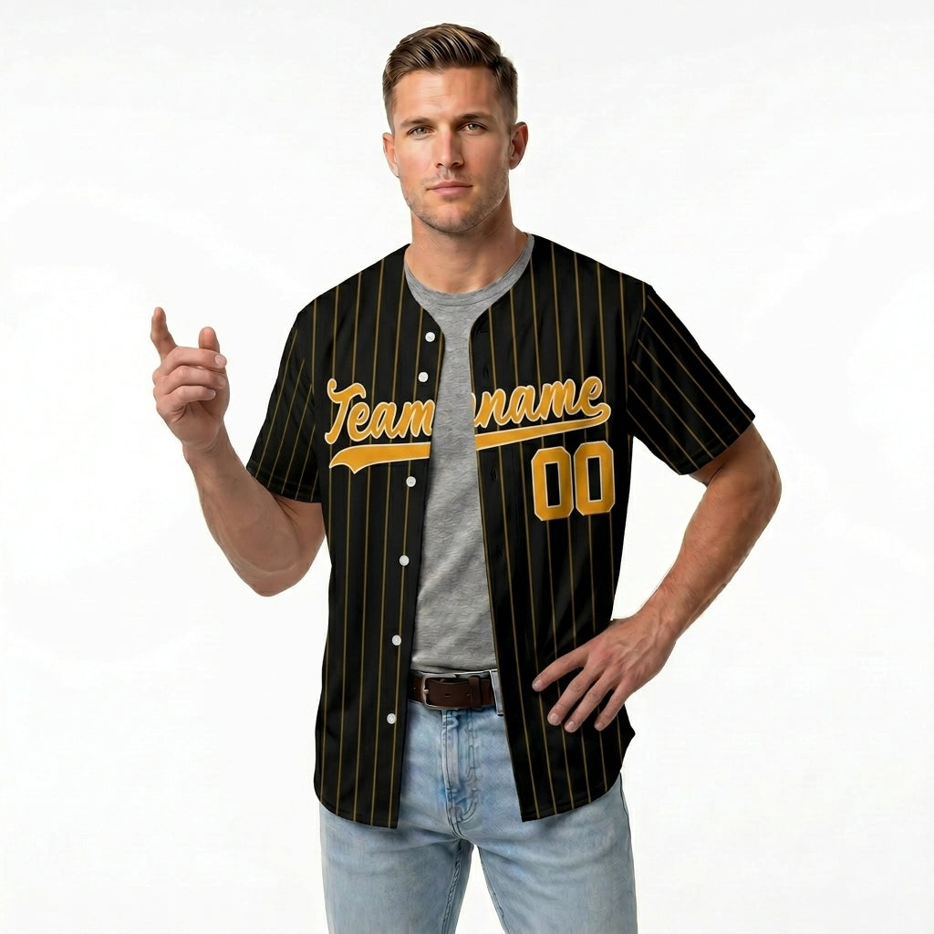 Custom Baseball Jersey - Personalized Black Shirt with Gold Pinstripes - Full Sublimation