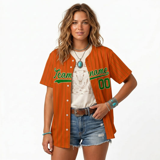 Custom Baseball Jersey - Personalized Orange Shirt with Pinstripes & Green Graphics