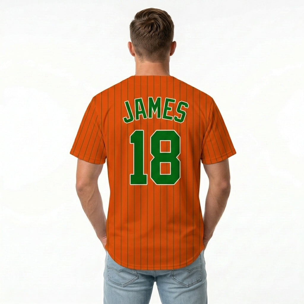 Custom Baseball Jersey - Personalized Orange Shirt with Pinstripes & Green Graphics
