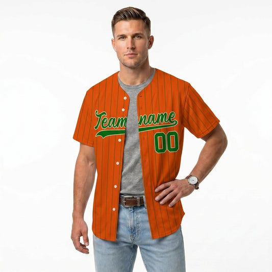 Custom Baseball Jersey - Personalized Orange Shirt with Pinstripes & Green Graphics