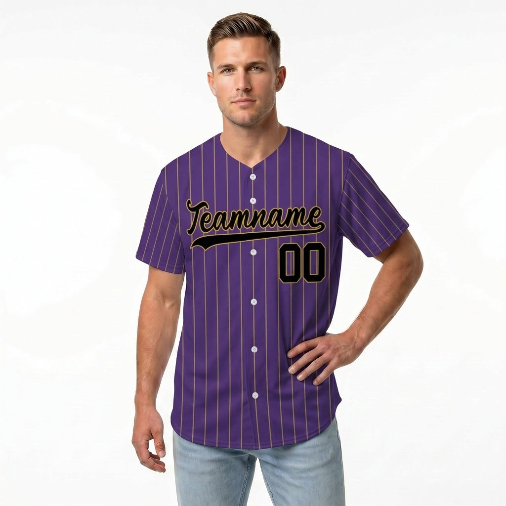 Custom Baseball Jersey - Personalized Purple Shirt with Gold Pinstripes - Full Sublimation