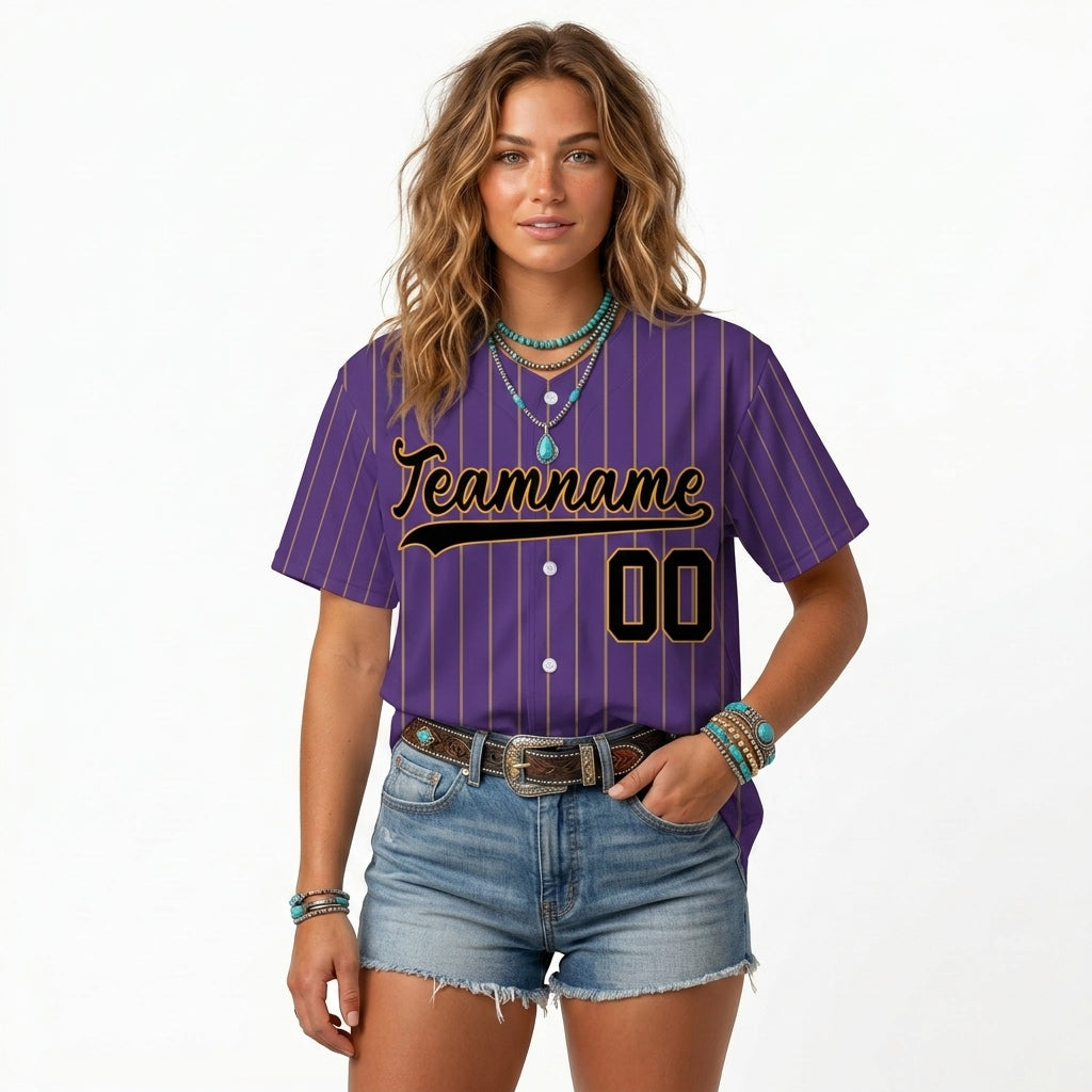 Custom Baseball Jersey - Personalized Purple Shirt with Gold Pinstripes - Full Sublimation