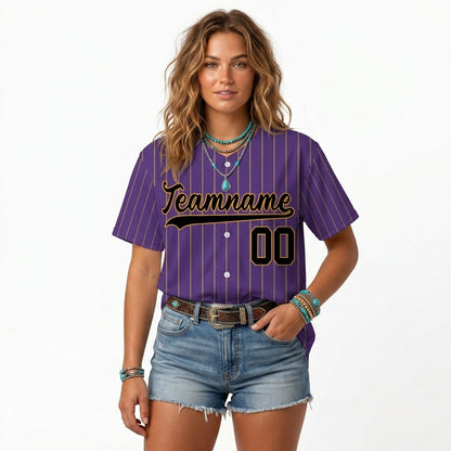 Custom Baseball Jersey - Personalized Purple Shirt with Gold Pinstripes - Full Sublimation