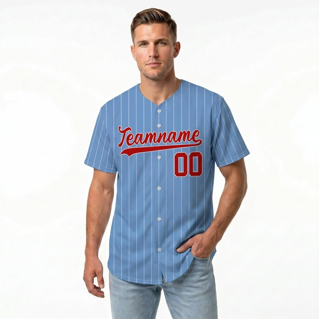 Custom Baseball Jersey - Personalized Powder Blue Shirt with White Pinstripes & Red Graphics