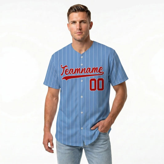 Custom Baseball Jersey - Personalized Powder Blue Shirt with White Pinstripes & Red Graphics