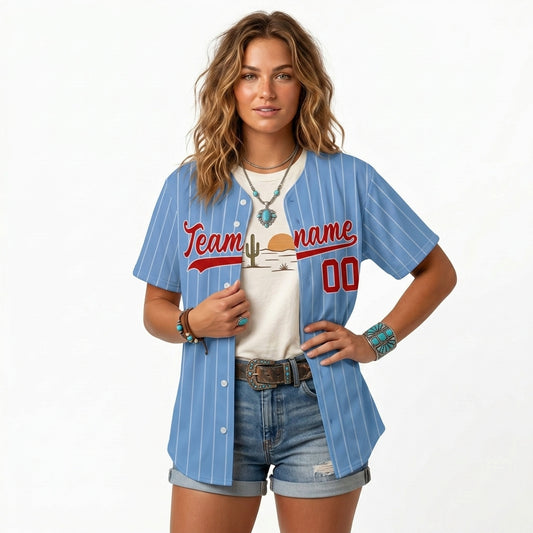 Custom Baseball Jersey - Personalized Powder Blue Shirt with White Pinstripes & Red Graphics