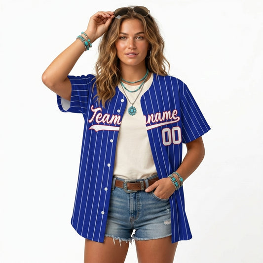 Custom Baseball Jersey - Personalized Royal Blue Shirt with White Pinstripes - Full Sublimation