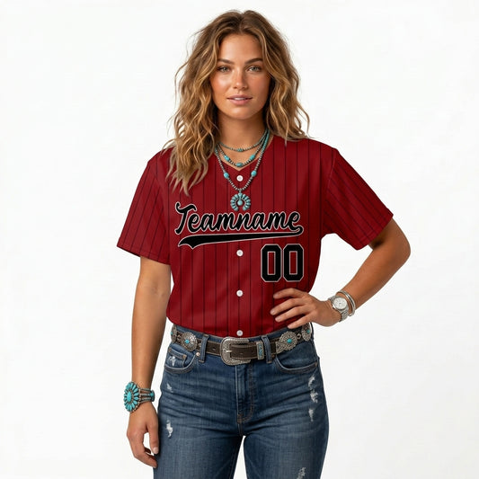Custom Baseball Jersey - Personalized Maroon Shirt with Pinstripes & Black Graphics