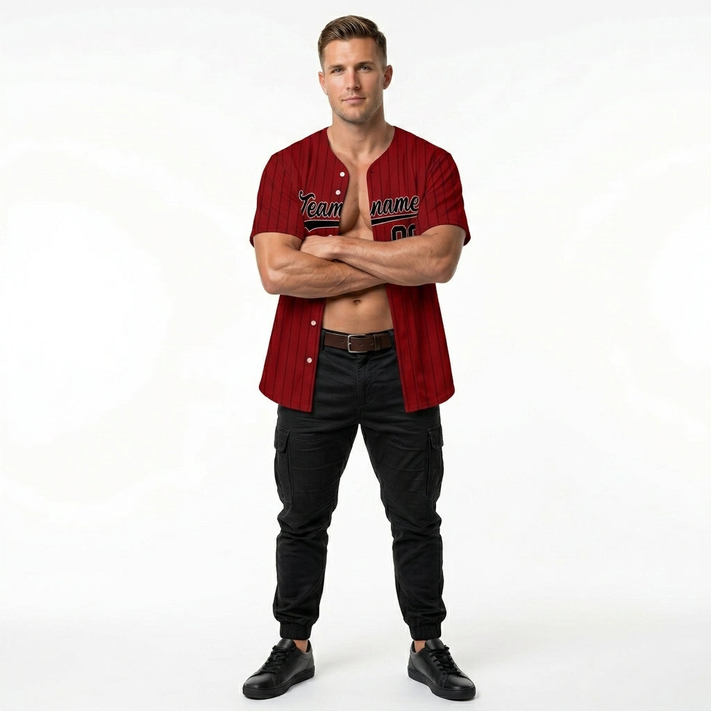 Custom Baseball Jersey - Personalized Maroon Shirt with Pinstripes & Black Graphics