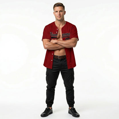 Custom Baseball Jersey - Personalized Maroon Shirt with Pinstripes & Black Graphics