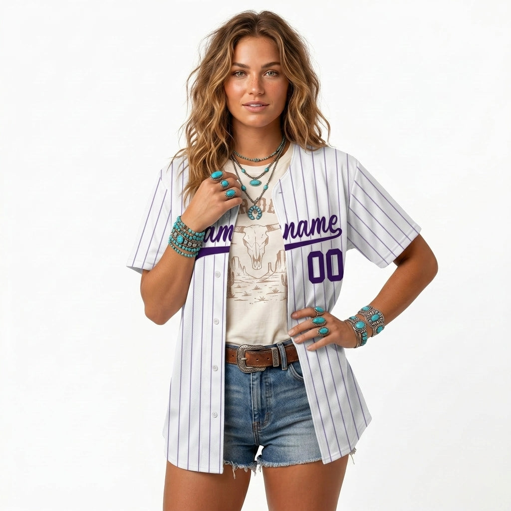 Custom Baseball Jersey - Personalized White Shirt with Purple Pinstripes - Full Sublimation