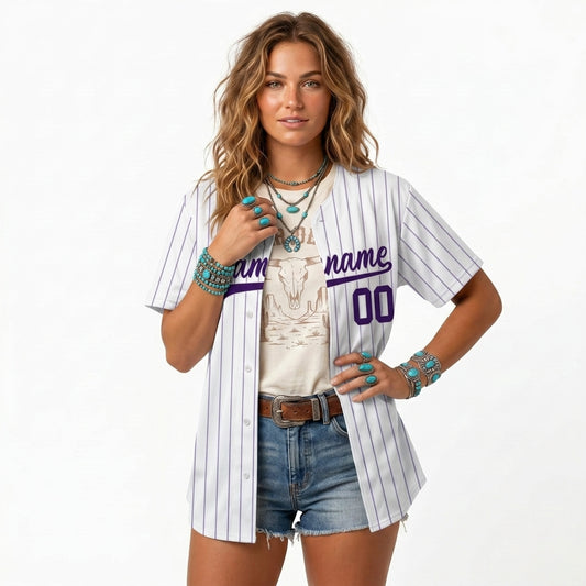 Custom Baseball Jersey - Personalized White Shirt with Purple Pinstripes - Full Sublimation