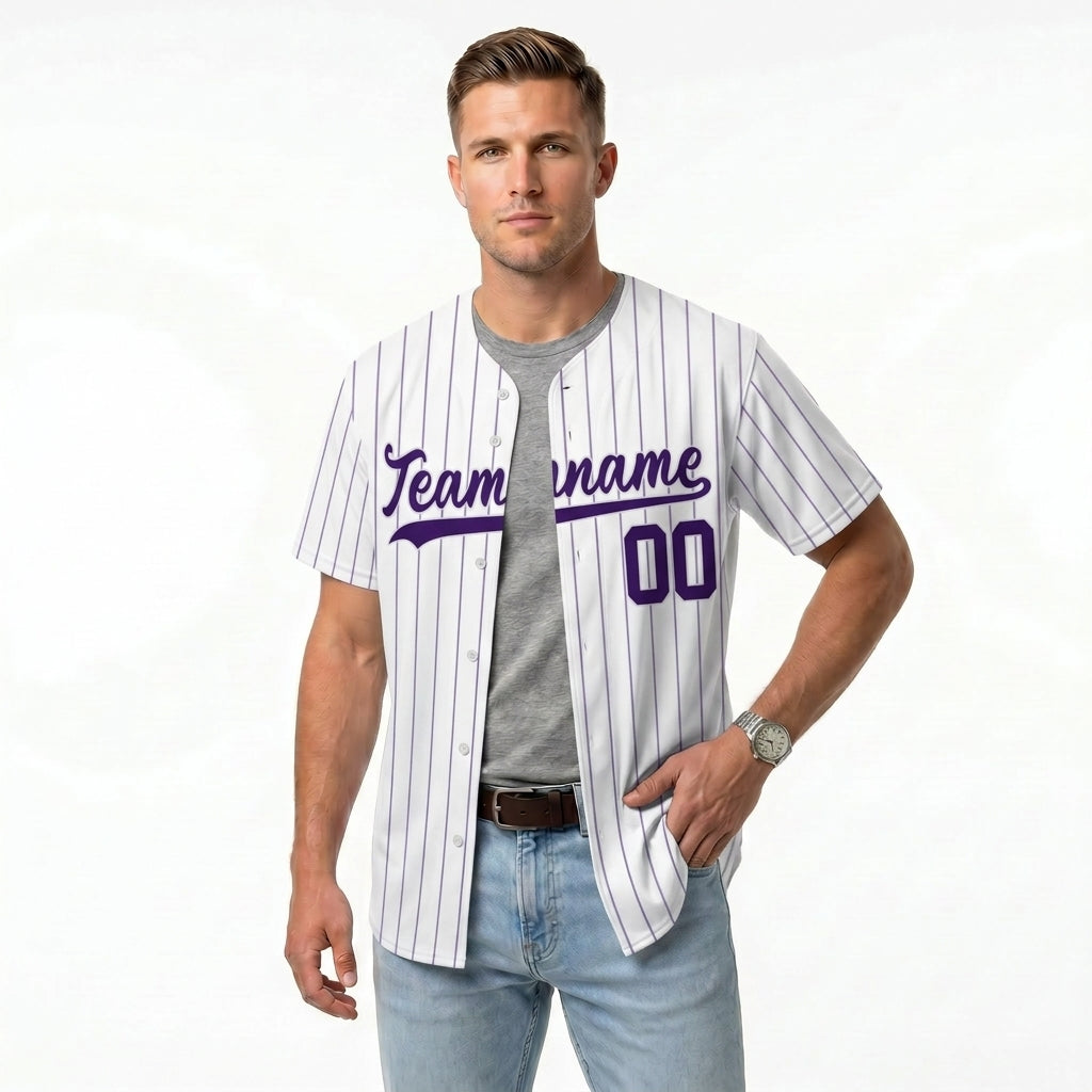 Custom Baseball Jersey - Personalized White Shirt with Purple Pinstripes - Full Sublimation