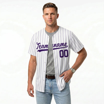 Custom Baseball Jersey - Personalized White Shirt with Purple Pinstripes - Full Sublimation