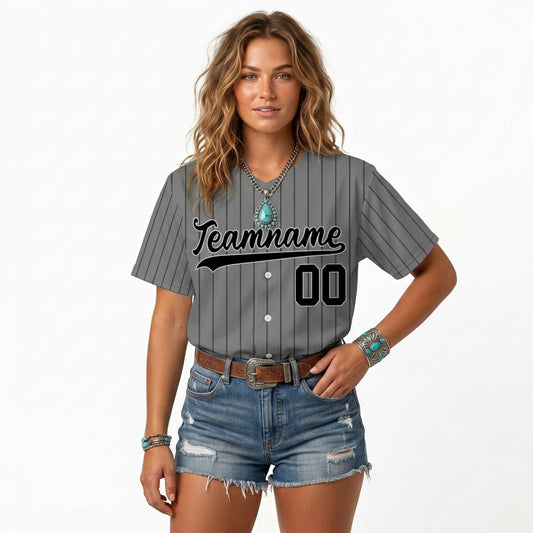 Custom Baseball Jersey - Personalized Grey Shirt with Dark Pinstripes - Full Sublimation