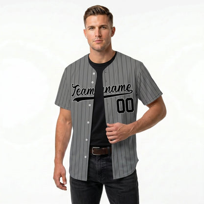 Custom Baseball Jersey - Personalized Grey Shirt with Dark Pinstripes - Full Sublimation