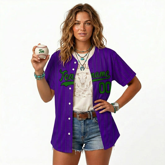 Custom Baseball Jersey - Personalized Purple Shirt with Pinstripes & Green Graphics - Full Sublimation
