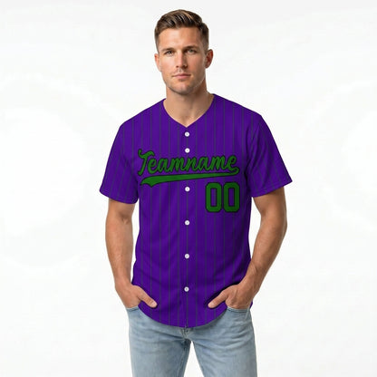 Custom Baseball Jersey - Personalized Purple Shirt with Pinstripes & Green Graphics - Full Sublimation