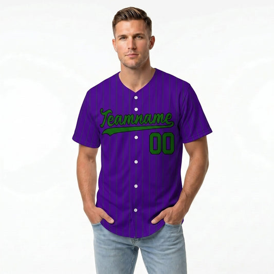 Custom Baseball Jersey - Personalized Purple Shirt with Pinstripes & Green Graphics - Full Sublimation